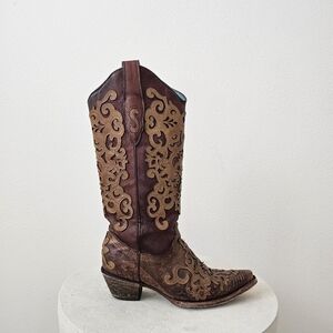 Corral Vintage Inlay Brown Snip Toe Western Boot 6.5 Cognac Goat Lizard C 1052